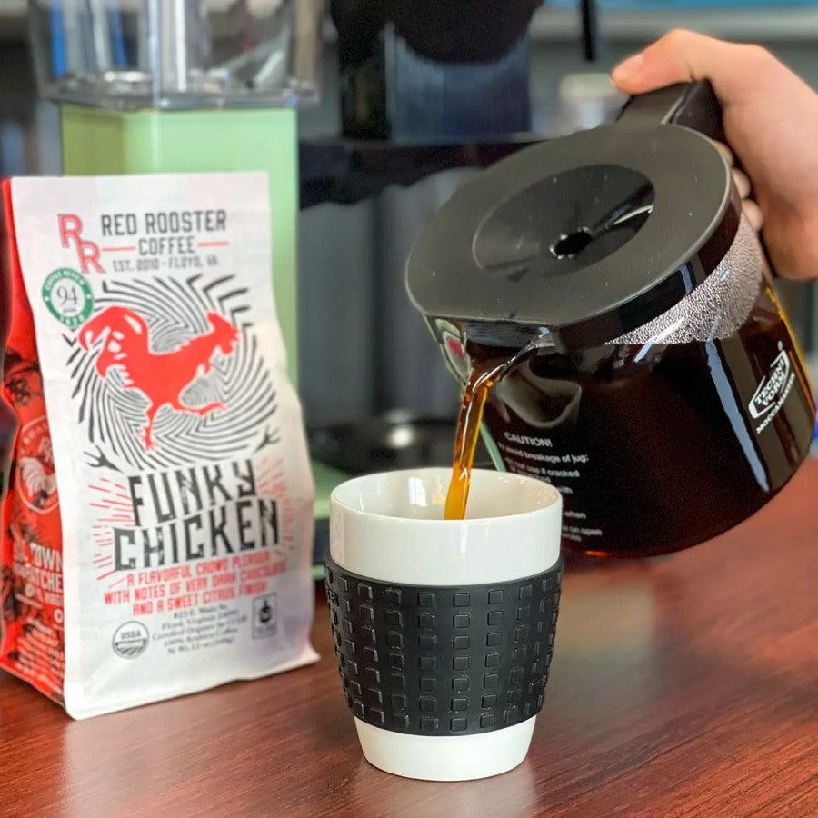 Pouring A Pot Of Organic Coffee Red Rooster Funky Chicken
