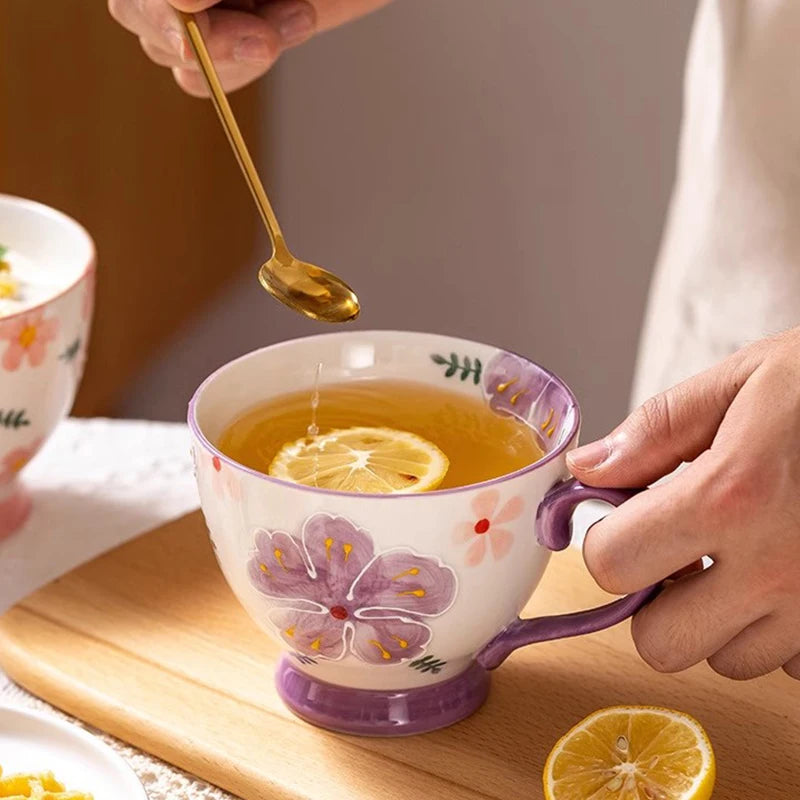 Pretty Tea Cup With Purple Painted Petals Flowery Ceramic Mug