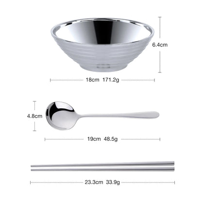 Glam Stainless Steel Insulated Colorful Silver Noodle Bowl With Matching Silver Spoon And Silver Chopsticks Set