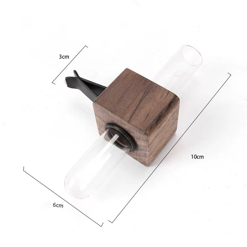 Square Style Wood & Glass Tube Car Bud Vase With Vent Clip