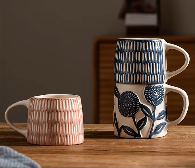 Stackable Mugs Organic Retro Craft Style Pink And Blue Pottery Drinkware Cups That Stack