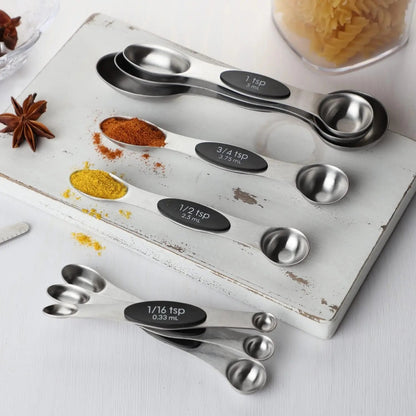 Stainless Steel And Black Measuring Spoons Kitchen Tool Set For Baking And Cooking Dual Ended Stackable Measuring Tools