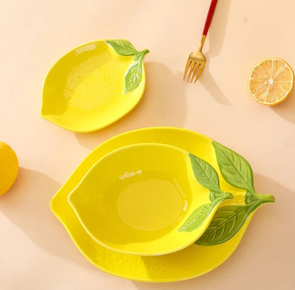 Tablescape Place Setting In Summer Style Bright Lemon Yellow Ceramics Citrus Shaped Lemon Kitchen Decor