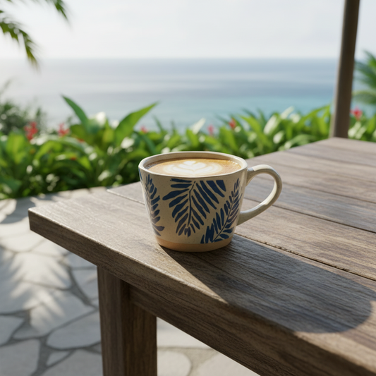 Relaxing Vacation Vibes Coffee Latte In Blue Garden Impressions Tropical Leaf Pattern Ceramic Mug With Exposed Base Coffee Sunshine Beach