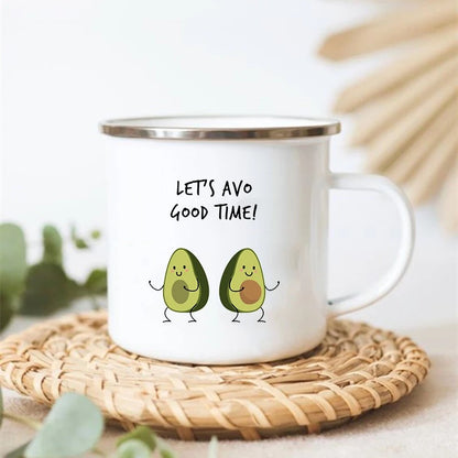 Partycados Adorable Avocado Stainless Steel Enamel Camp Mug With Two Dancing Avocados And Let's Avo Good Time Foodie Quote