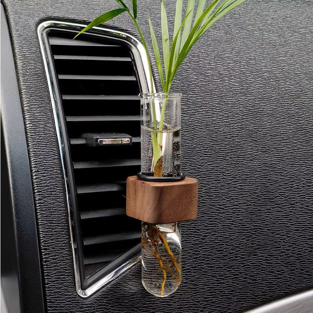 Real Walnut Wood And Glass Vase Auto Accessory For Plants And Flowers