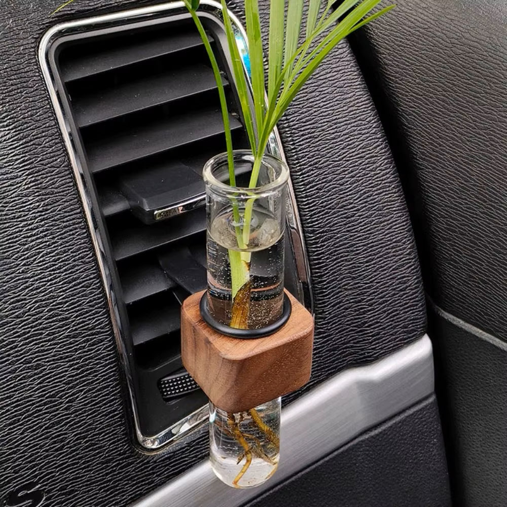 Real Walnut Wood And Glass Vase Auto Accessory For Plants And Flowers In Car