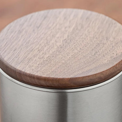 Walnut Wood Grains Of Wooden Lid On Stainless Steel Canister For Food Storage