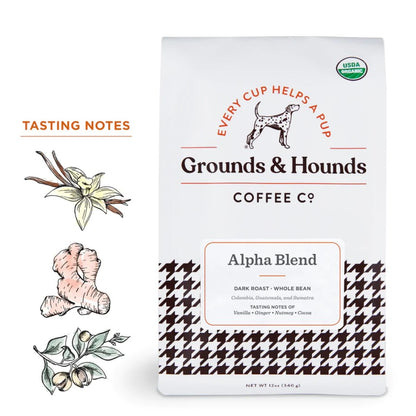 Every Cup Helps A Pup Organic Grounds & Hounds Coffee Co. Alpha Blend Dark Roast Whole Bean