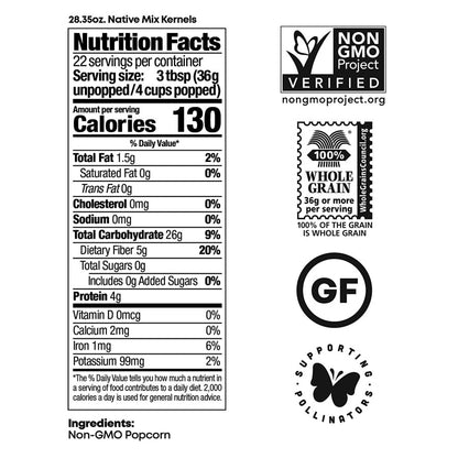 Native Mix Popcorn Kernels Non-GMO Single Ingredient Nutrition Facts Gluten Free Black Jewell