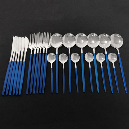 Modern 24 Piece Stainless Steel Silver Flatware Set With Colorful Cobalt Handles Silverware