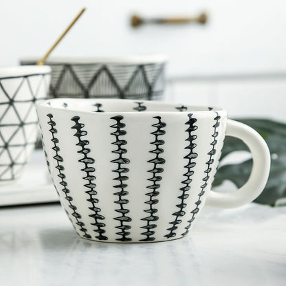 Purposefully Irregular Shaped Cup With Pattern Painted Inside And Outside Art Style Mug In Black And White Print
