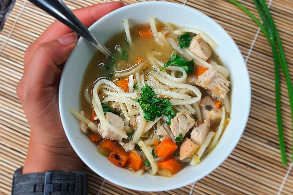 Whole 30 Friendly Palmini Chicken Noodle Soup With Fresh Vegetables