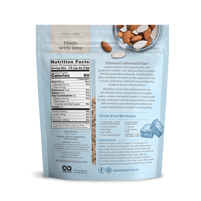 Non-GMO Pamela's Almond Flour Single Ingredient Nutrition Facts Grain Free Brownies Recipe