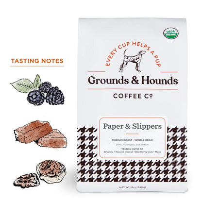 Every Cup Helps A Pup Organic Grounds & Hounds Coffee Co. Paper & Slippers Medium Roast Whole Bean