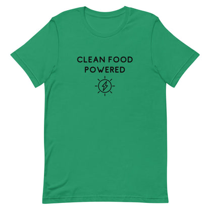 Front Of Clean Food Powered Short Sleeve T-Shirt From Terra Powders In Kelly Green Color