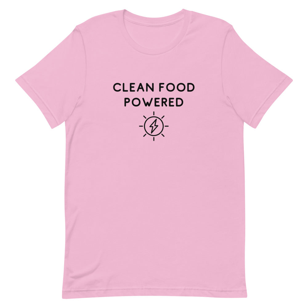 Front Of Clean Food Powered Short Sleeve T-Shirt From Terra Powders In Lilac Color